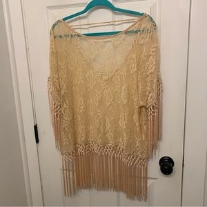 Women’s Nude Lace Shirt or Coverup with Fringe Size Large